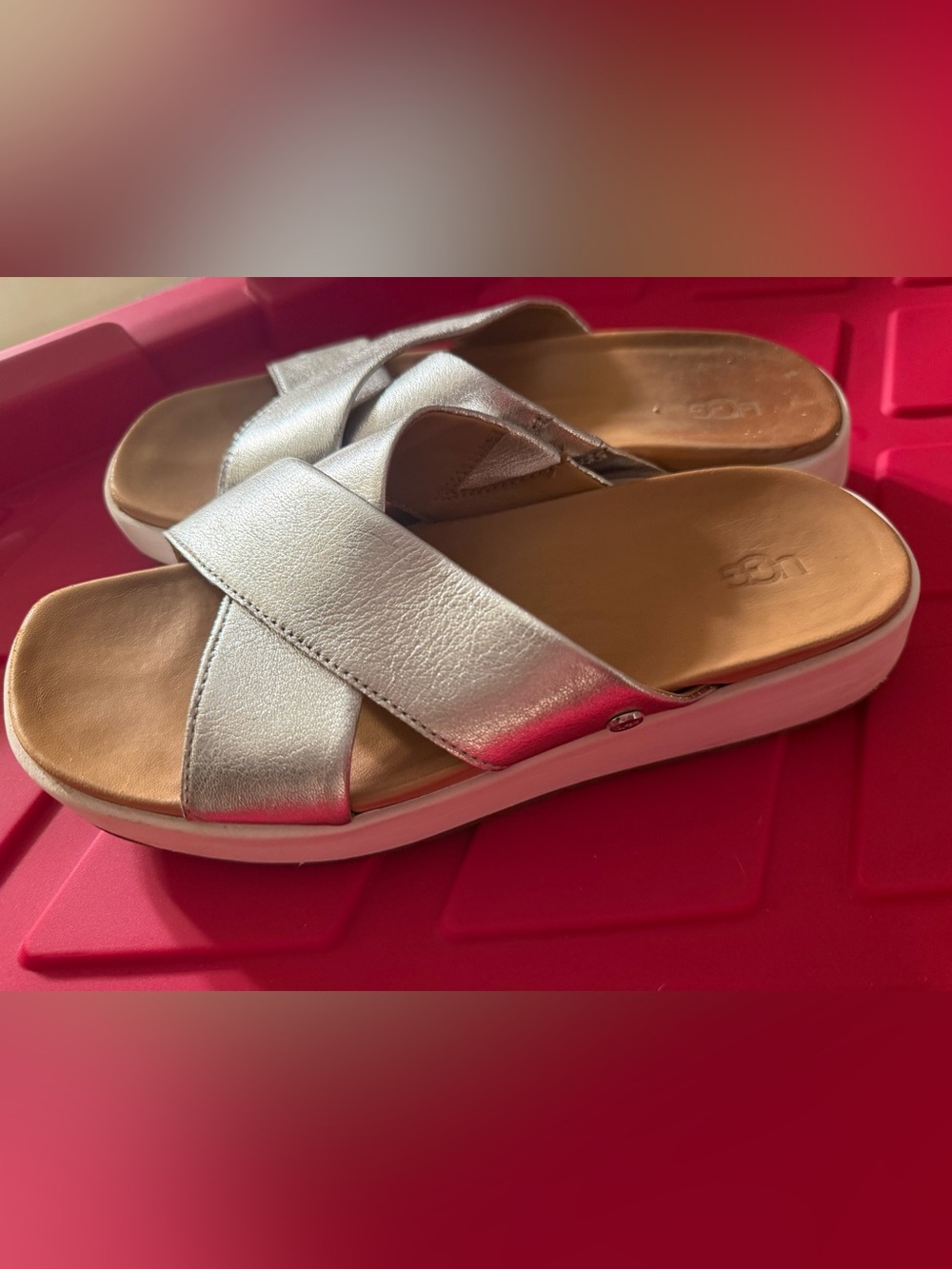 UGG Silver Metallic Leather Platform Slide Sandals Size 6.5